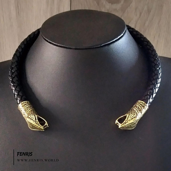 gold snake torc black leather