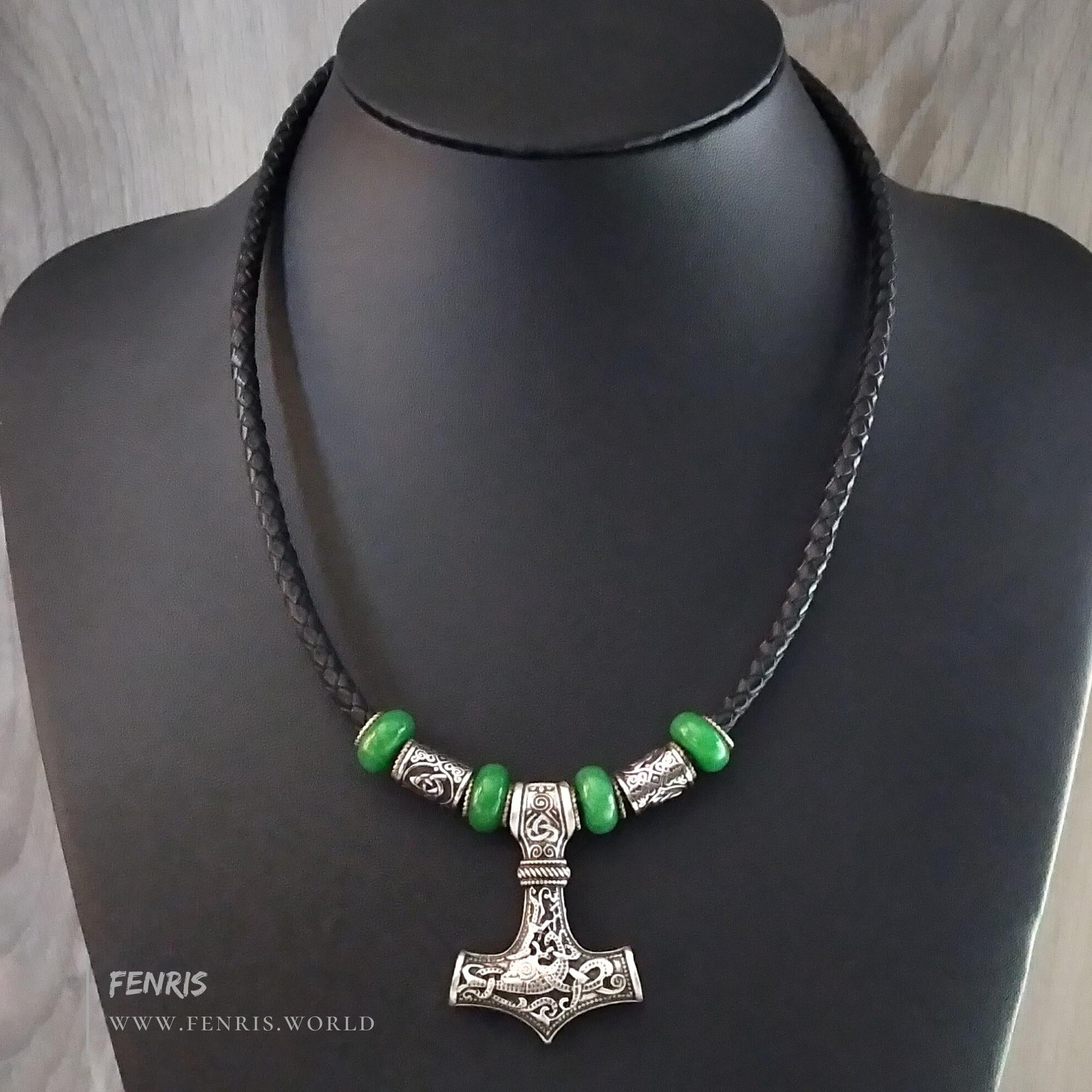 thor's hammer silver green jade leather necklace