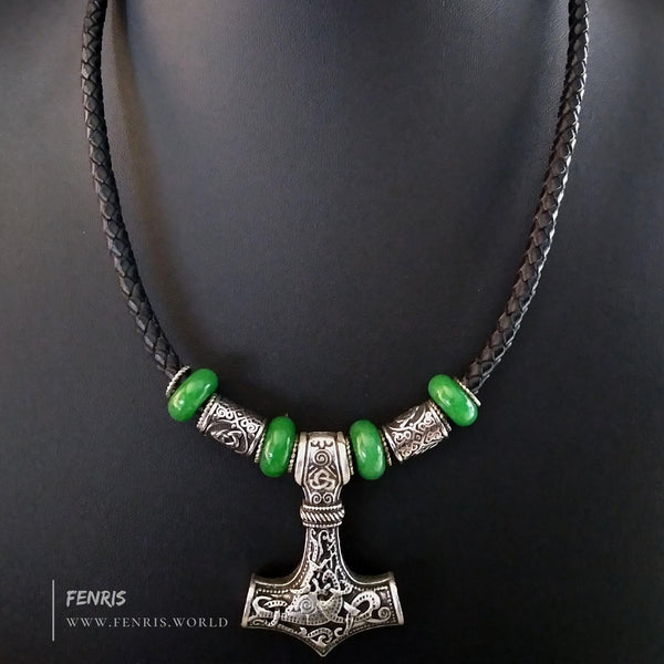 thor's hammer silver green jade leather necklace
