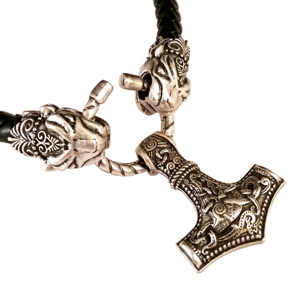 black leather silver leopard necklace thor's hammer LARP viking