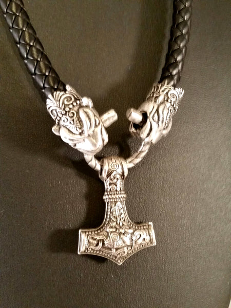 black leather silver leopard necklace thor's hammer LARP viking