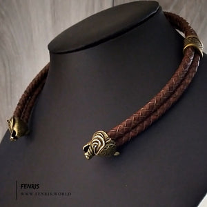 bear torc bronze brown leather viking torc