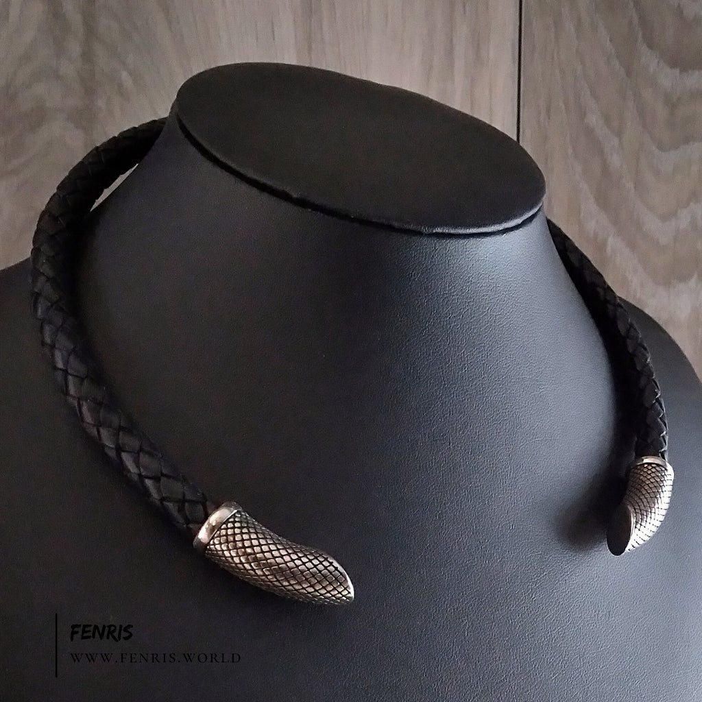 Torc Necklace Black Leather Silver Modern – Fenris