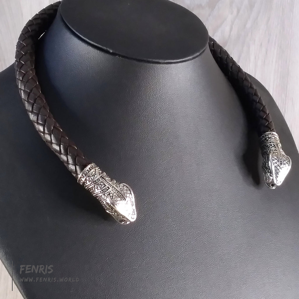 Snake Torc Necklace Silver Brown Leather – Fenris