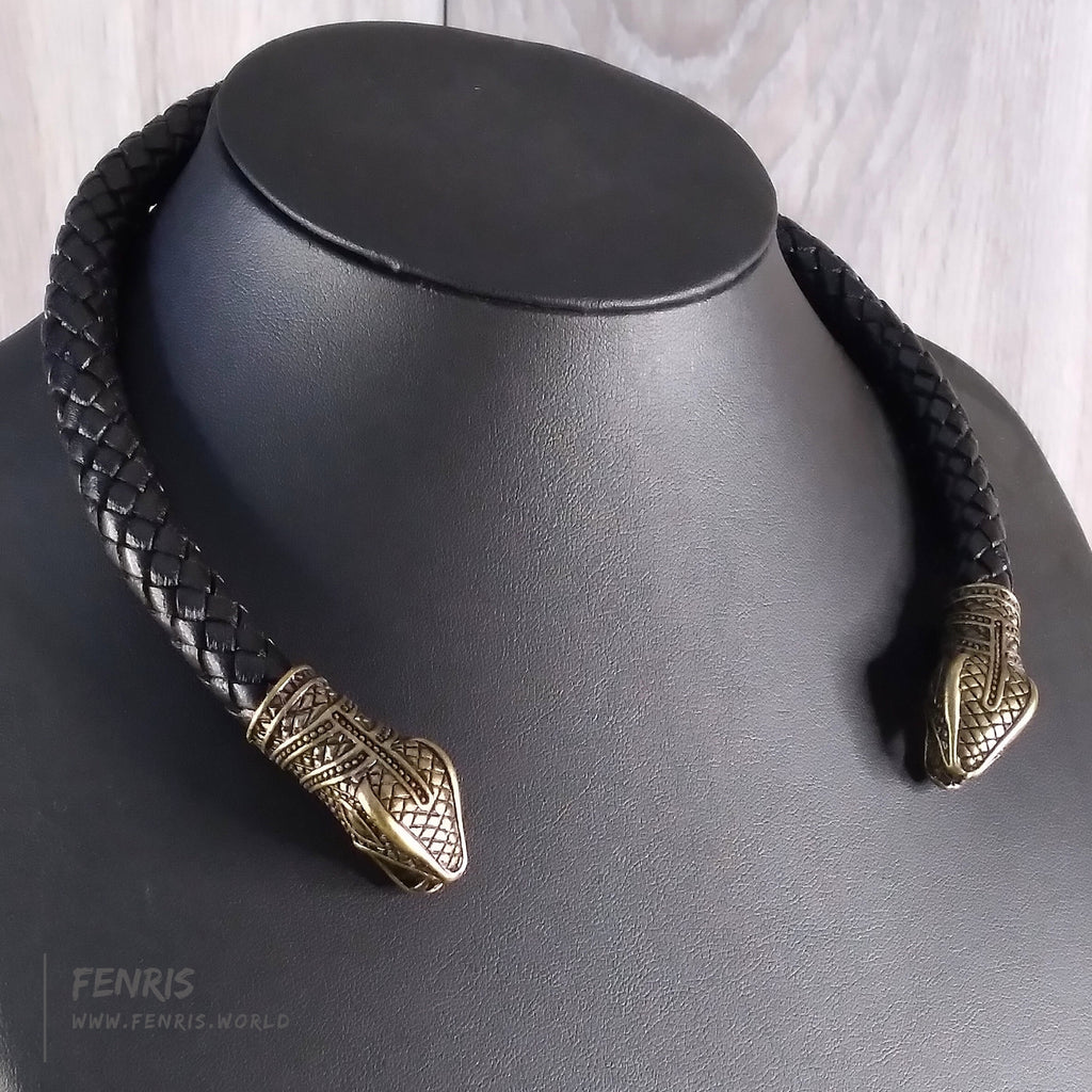 Snake Torc Necklace Bronze Black Leather – Fenris