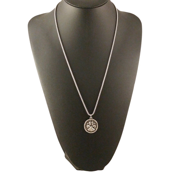 necklace silver coin wolf paw print dog