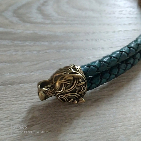 wolf torc bronze leather teal