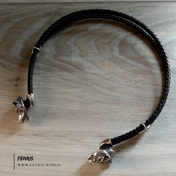 wolf torc silver black leather