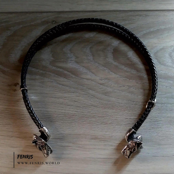 wolf torc silver black leather